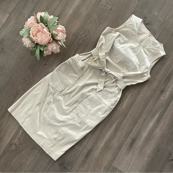 Calvin Klein Cream Khaki Utility Belted Midi Sheath Dress - Picture 2 of 5